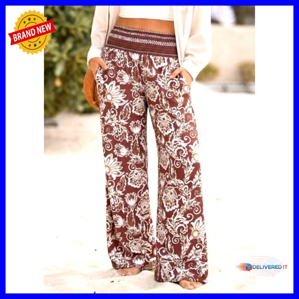 Wide Leg Palazzo Pants Smocked Waist Casual Loose Fit with Pockets - Picture 2 of 6